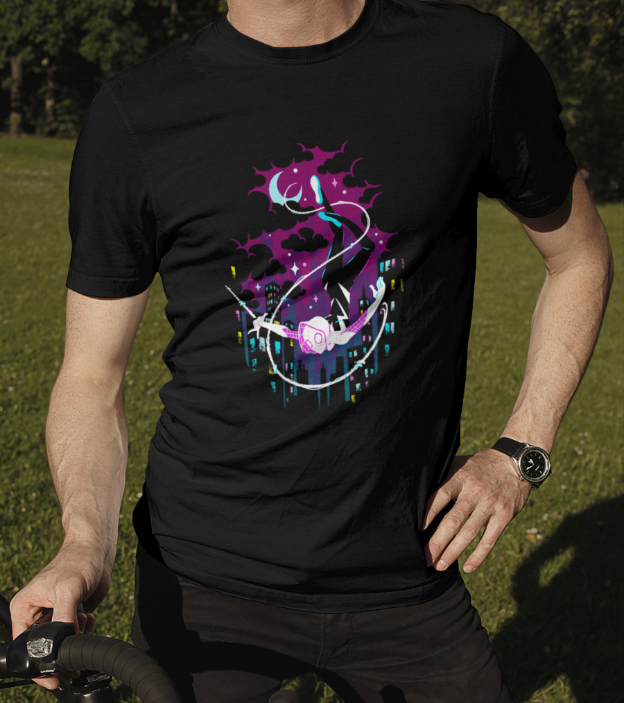 Marvel Ghost Spider Swinging Through Neon City Skyline T-Shirt