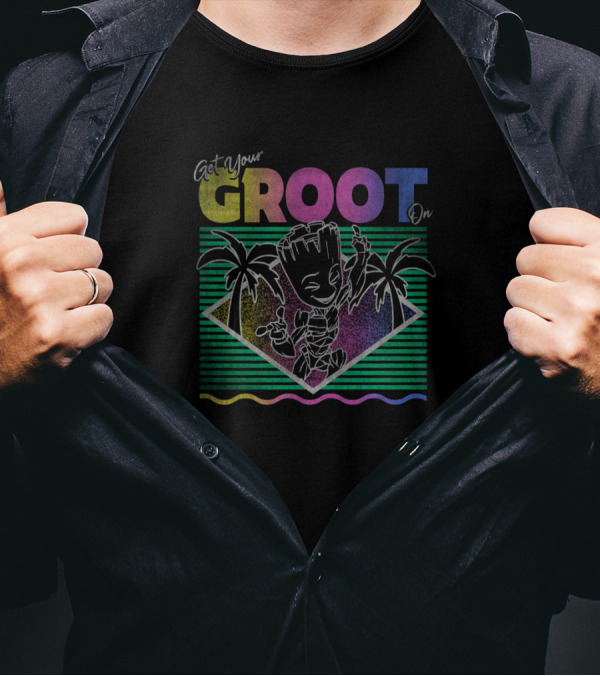 Marvel Guardians Of The Galaxy Get Your Groot On Retro Neon Palm Trees T-Shirt
