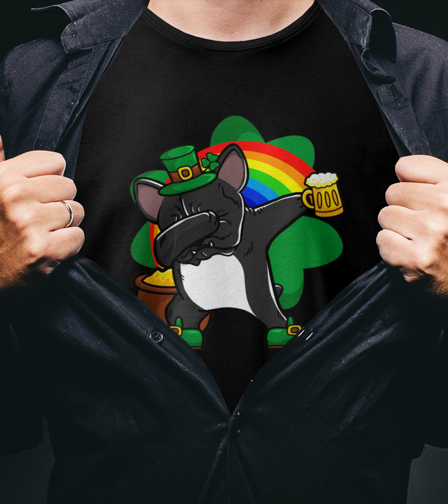 French Bulldog Dabbing Shamrock Rainbow St Patrick's Day T-Shirt
