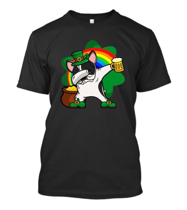 Dabbing Pied French Bulldog St Patrick's Day Rainbow Clover Beer Pot Of Gold T-Shirt