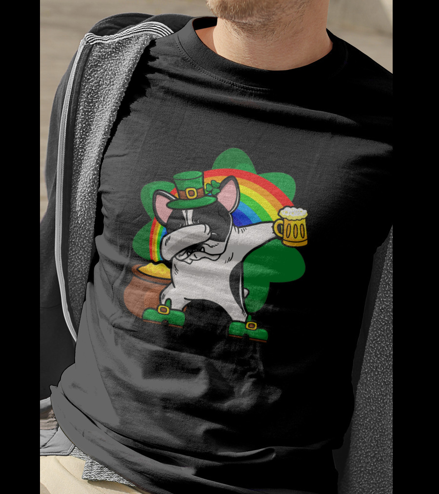 Dabbing Pied French Bulldog St Patrick's Day Rainbow Clover Beer Pot Of Gold T-Shirt