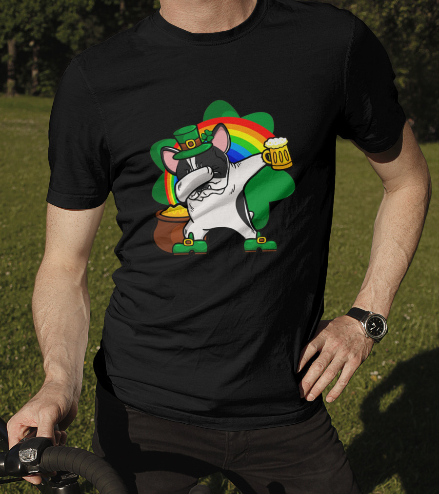 Dabbing Pied French Bulldog St Patrick's Day Rainbow Clover Beer Pot Of Gold T-Shirt