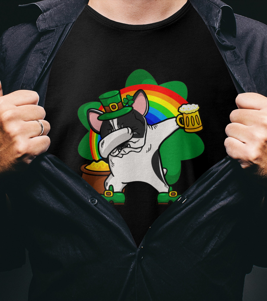 Dabbing Pied French Bulldog St Patrick's Day Rainbow Clover Beer Pot Of Gold T-Shirt