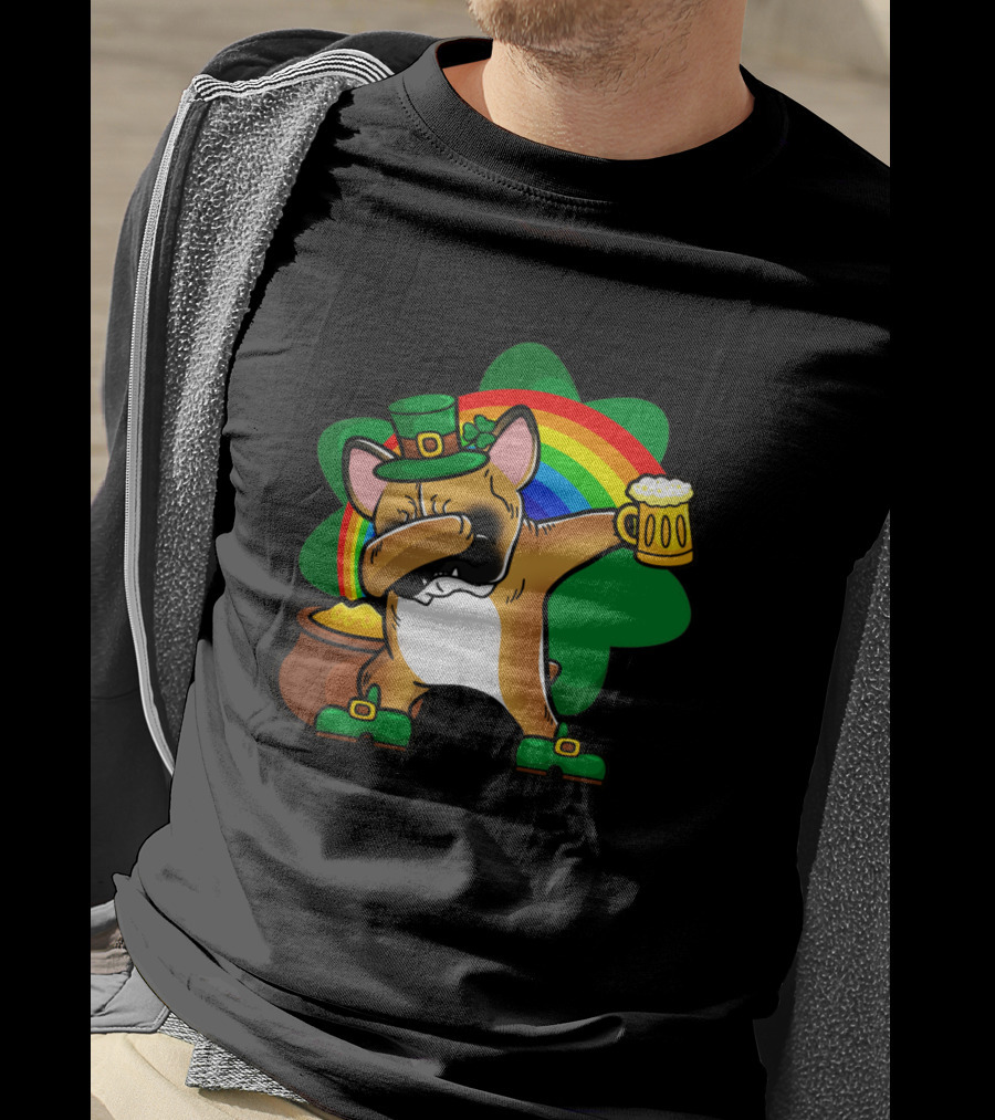 French Bulldog Dabbing Leprechaun With Beer And Rainbow St Patrick's Day T-Shirt