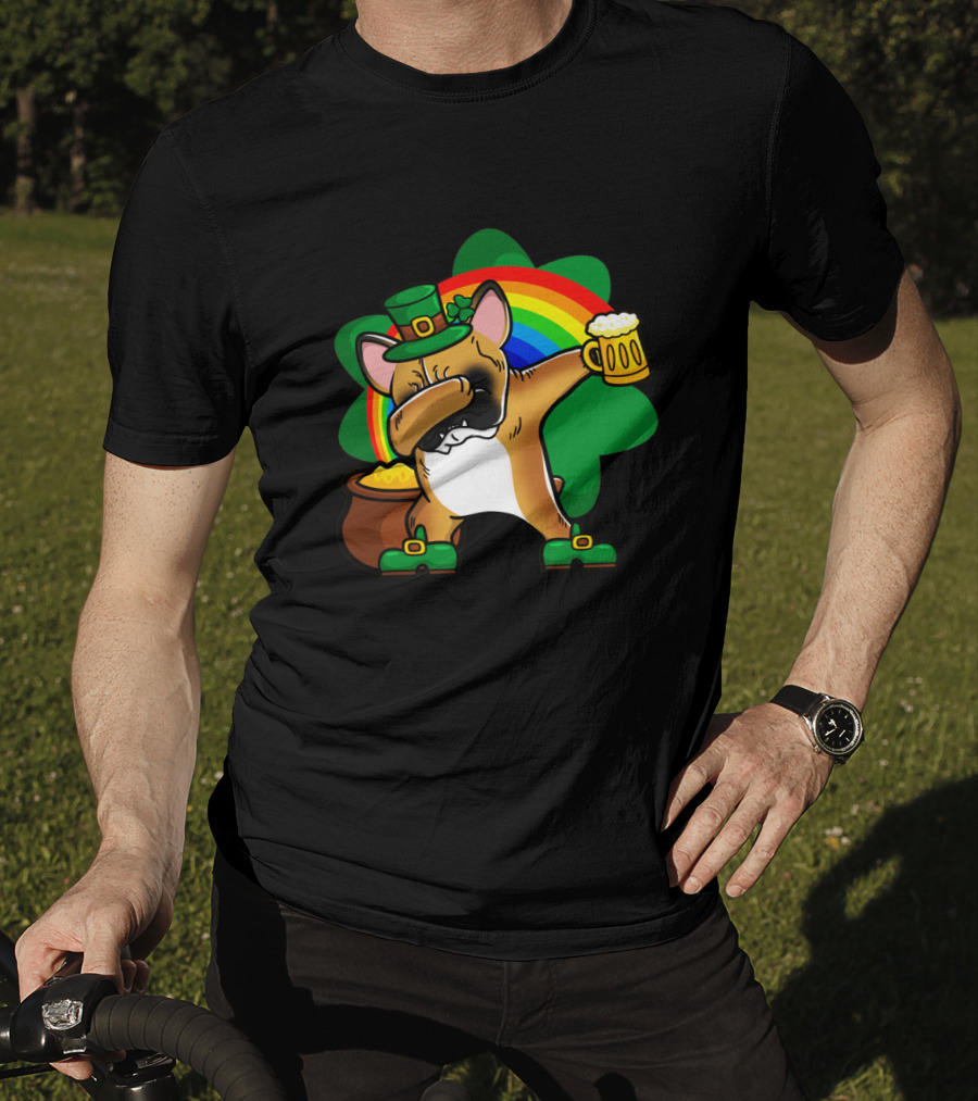 French Bulldog Dabbing Leprechaun With Beer And Rainbow St Patrick's Day T-Shirt