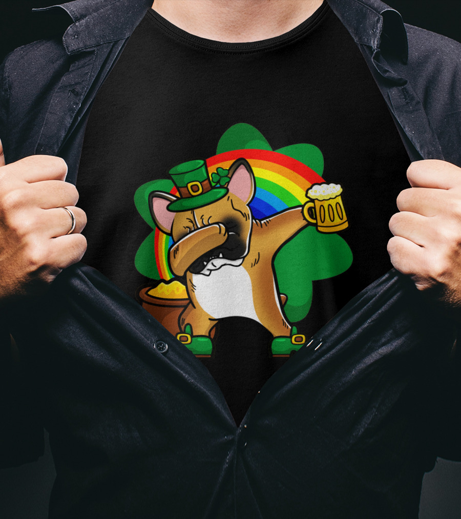 French Bulldog Dabbing Leprechaun With Beer And Rainbow St Patrick's Day T-Shirt