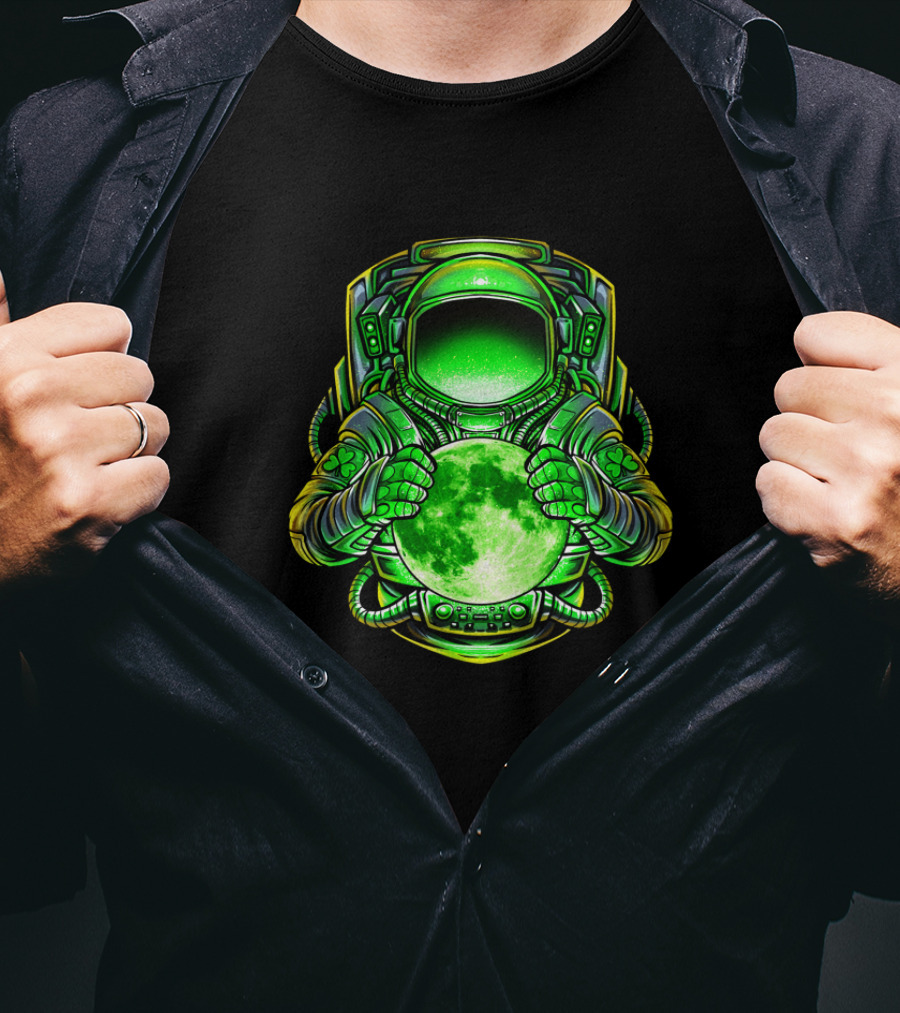 Irish Astronaut Holding Green Moon St Patricks Day Space Galaxy T-Shirt