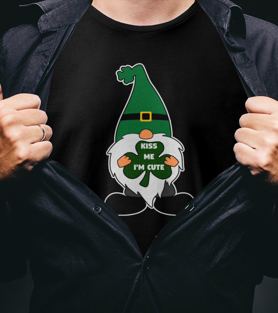 Kiss Me I'm Cute St Patricks Leprechaun Gnome With Clover T-Shirt