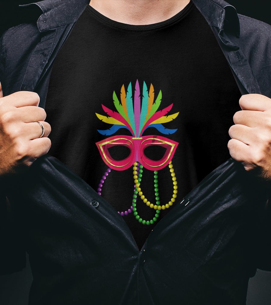 Colorful Feathered Mask With Mardi Gras Beads T-Shirt