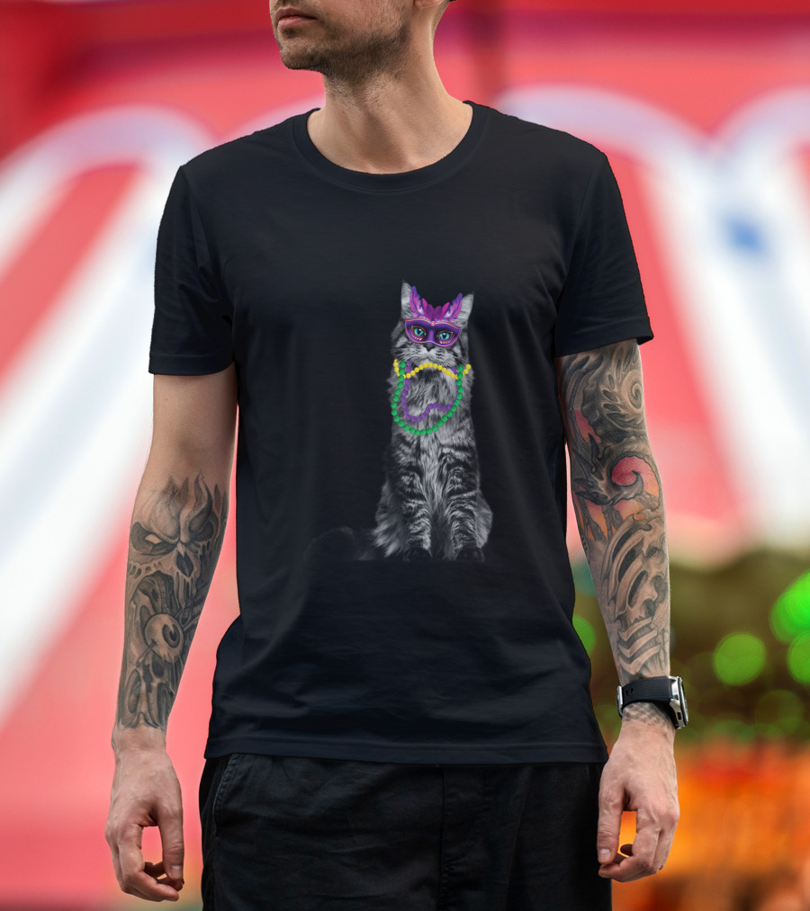 Cat Beads with Mardi Gras Mask and Decorations T-Shirt