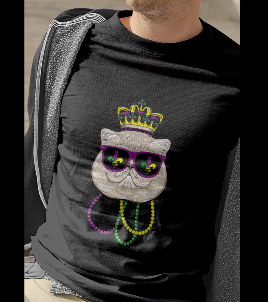 Mardi Gras Cat Wearing Crown, Sunglasses With Fleur-de-Lis, And Colorful Beads T-Shirt