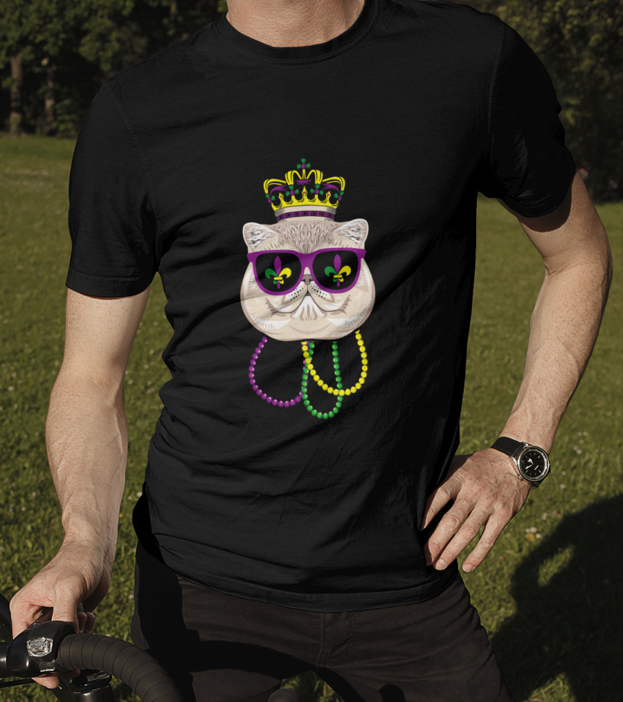 Mardi Gras Cat Wearing Crown, Sunglasses With Fleur-de-Lis, And Colorful Beads T-Shirt