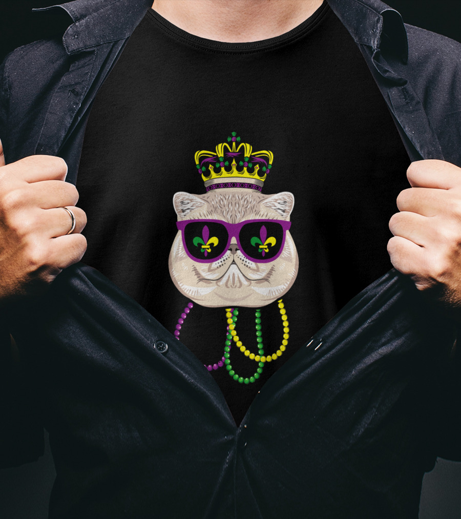 Mardi Gras Cat Wearing Crown, Sunglasses With Fleur-de-Lis, And Colorful Beads T-Shirt