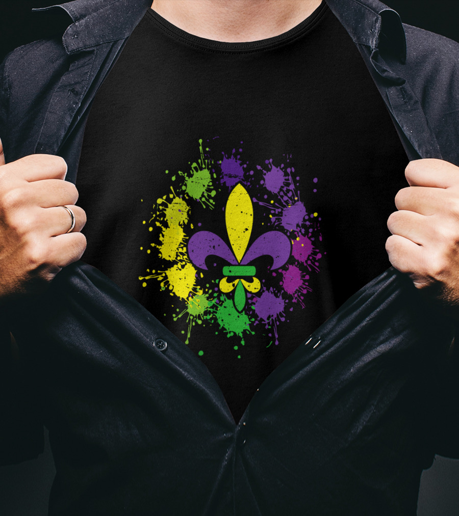 Fleur De Lis Mardi Gras Colors Paint Splatter Vintage T-Shirt