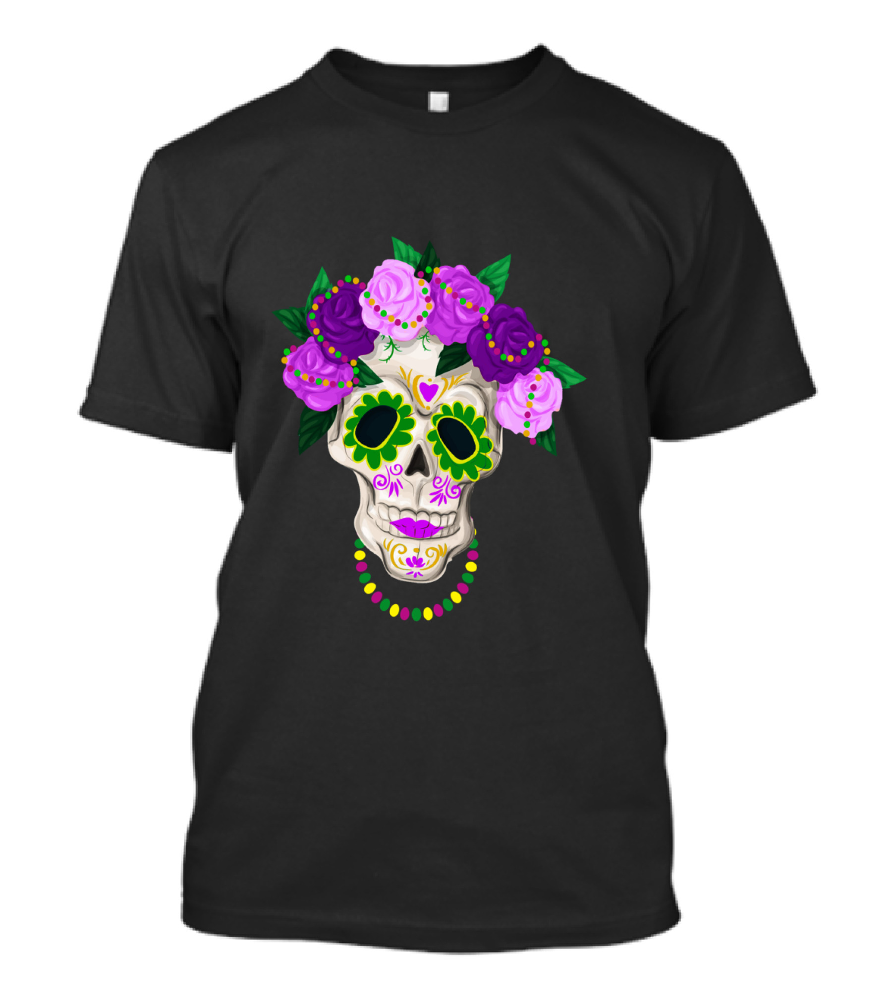 Mardi Gras Day Sugar Skull With Floral Crown And Beads T-Shirt