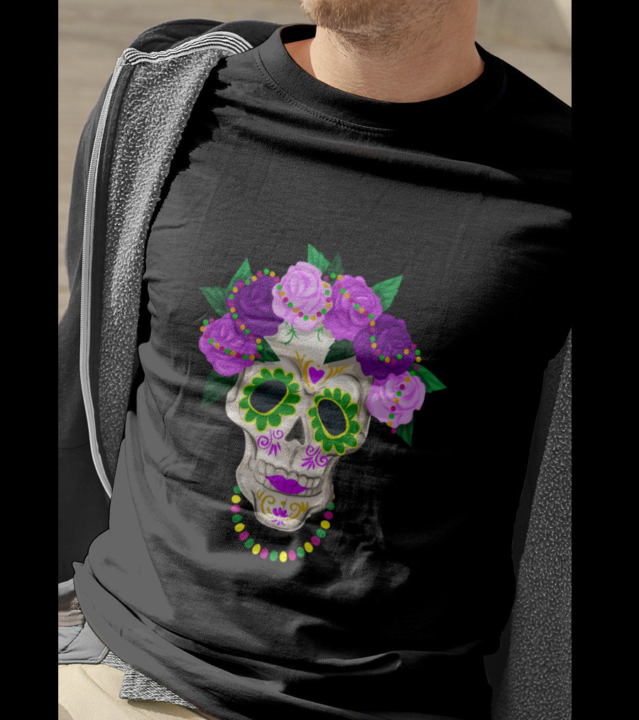 Mardi Gras Day Sugar Skull With Floral Crown And Beads T-Shirt