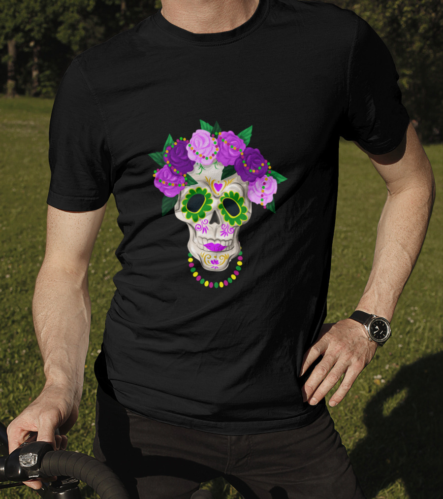 Mardi Gras Day Sugar Skull With Floral Crown And Beads T-Shirt