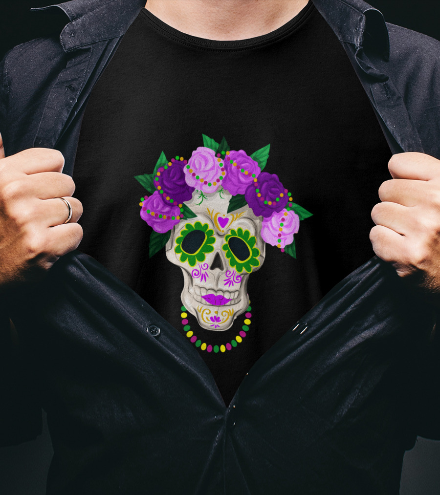 Mardi Gras Day Sugar Skull With Floral Crown And Beads T-Shirt