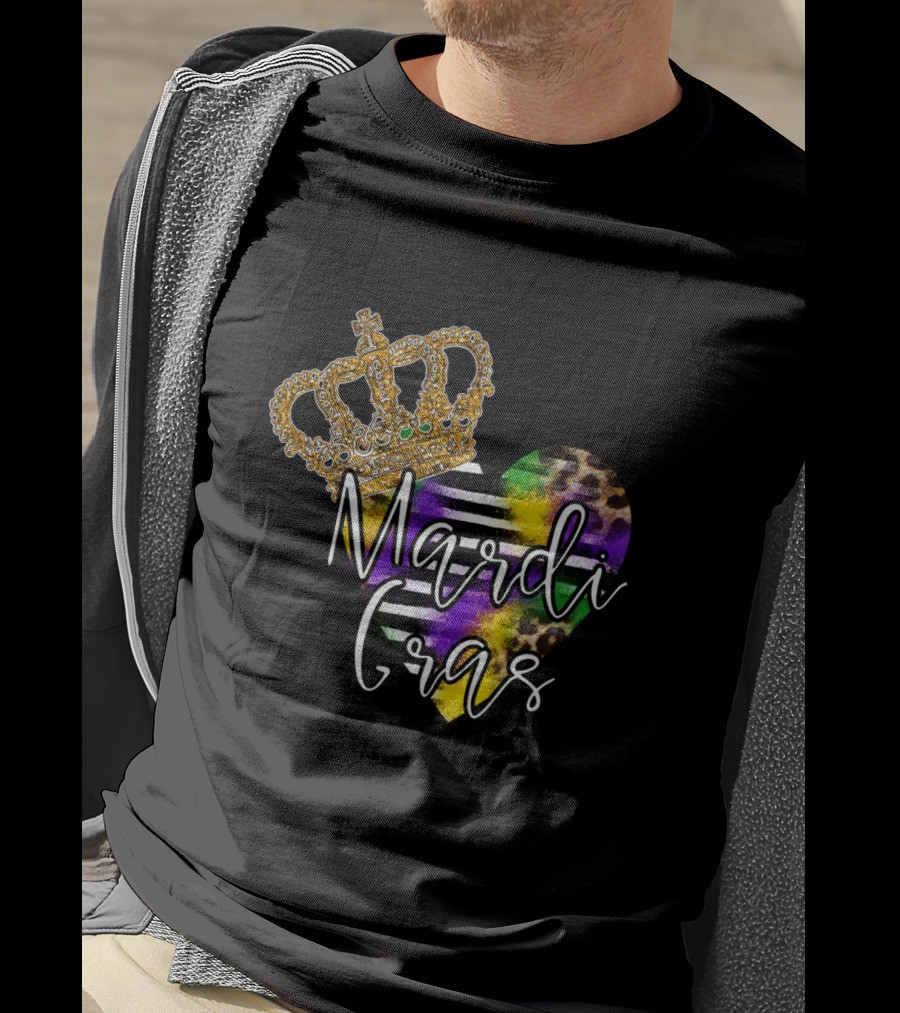 Mardi Gras Crown Heart Leopard Stripes T-Shirt