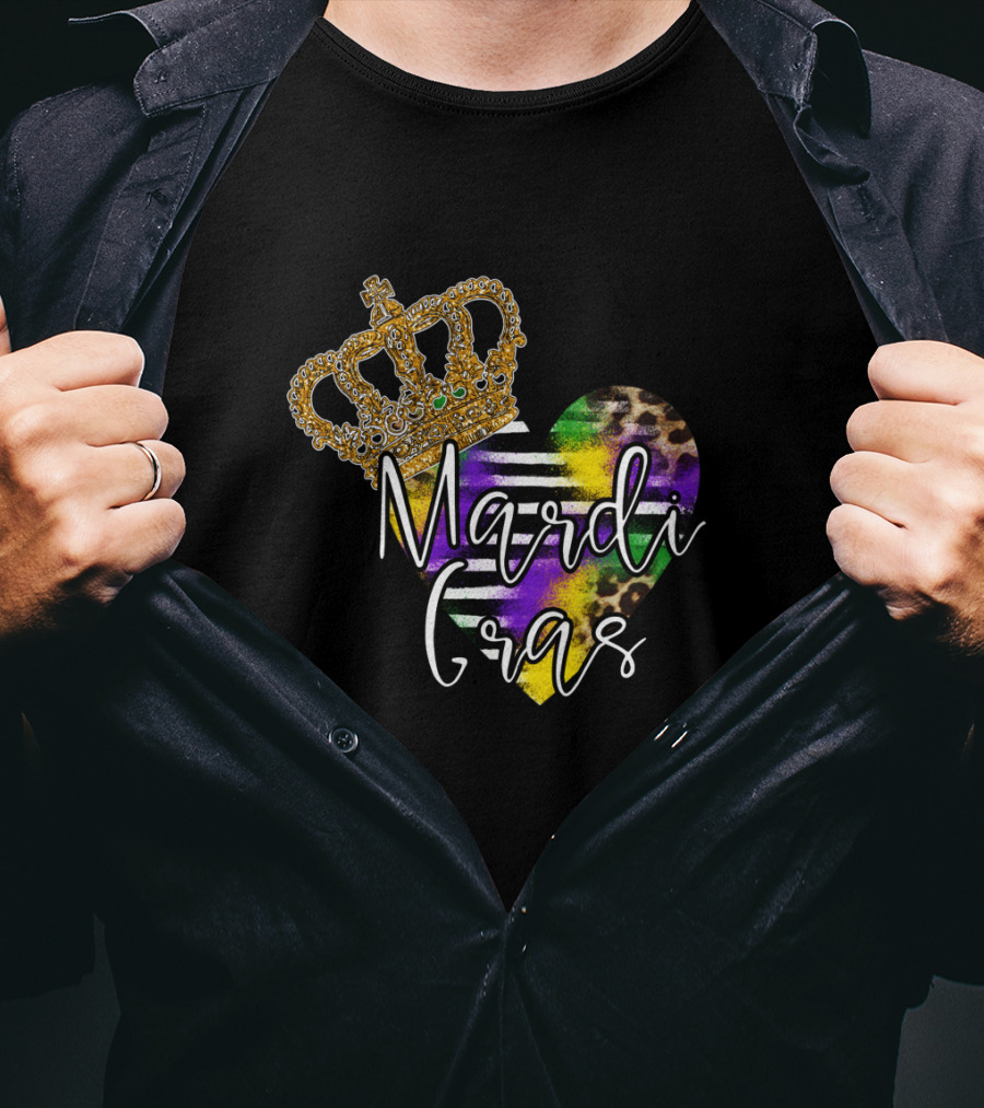 Mardi Gras Crown Heart Leopard Stripes T-Shirt