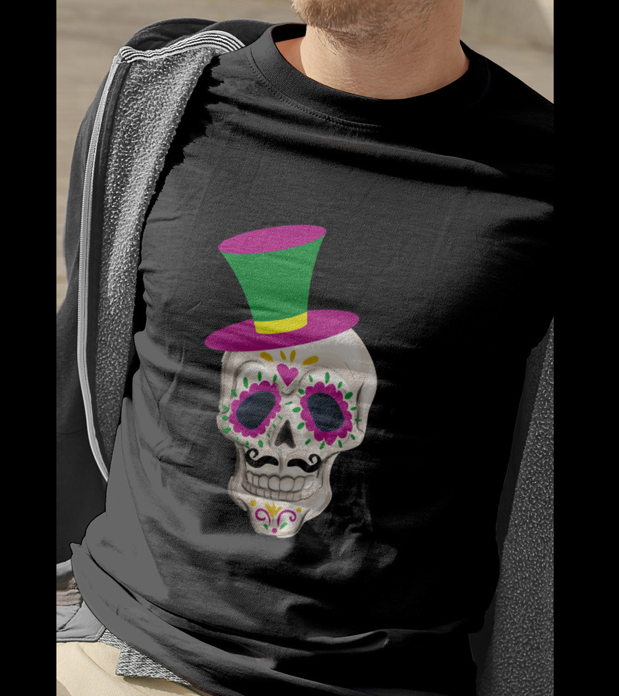 Mardi Gras Day Colorful Male Skull With Green And Pink Hat T-Shirt