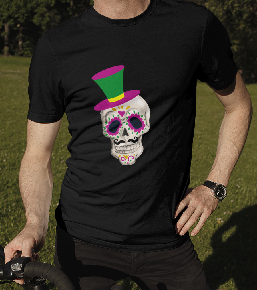 Mardi Gras Day Colorful Male Skull With Green And Pink Hat T-Shirt