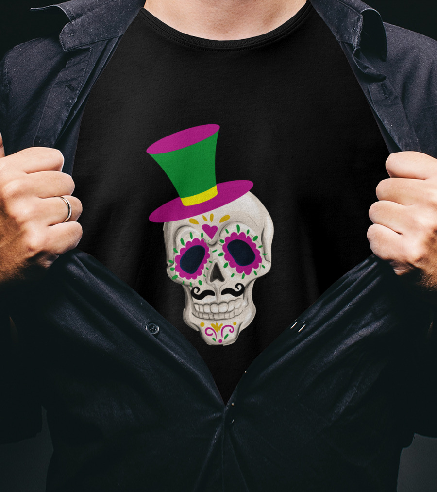 Mardi Gras Day Colorful Male Skull With Green And Pink Hat T-Shirt