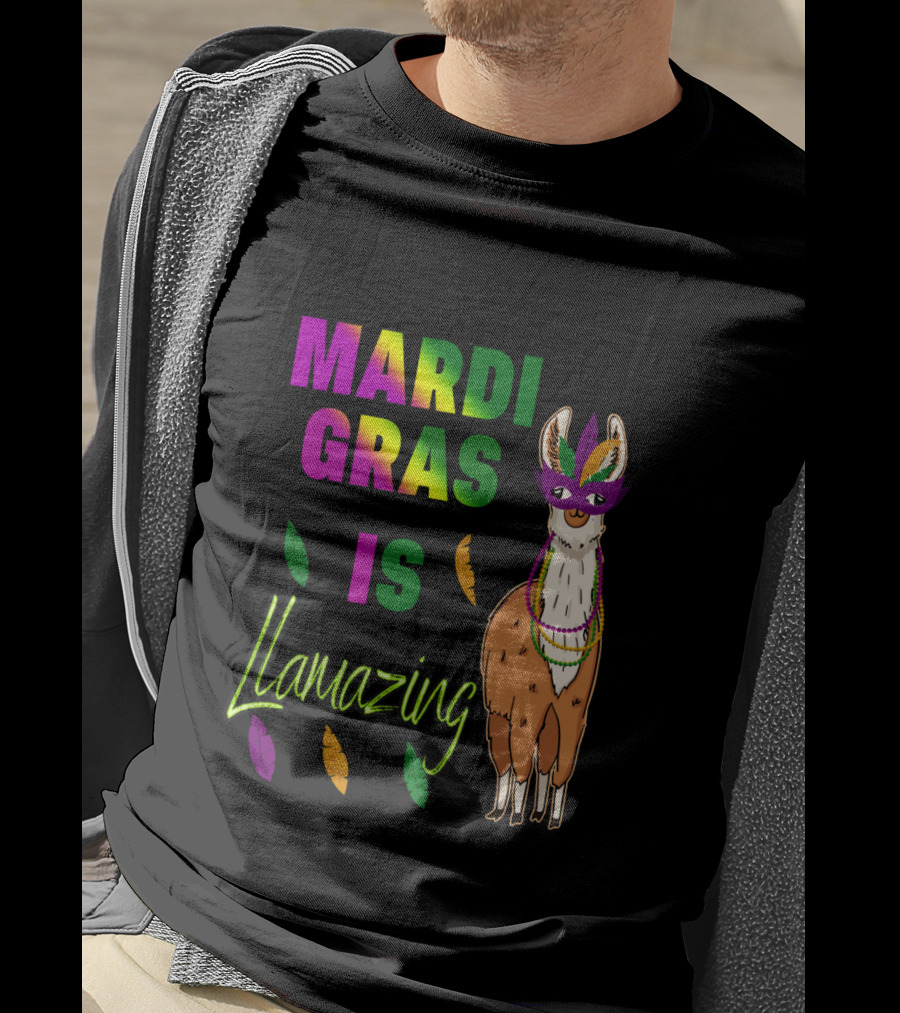Mardi Gras Is Llamazing Colorful Llama With Mask And Feathers T-Shirt