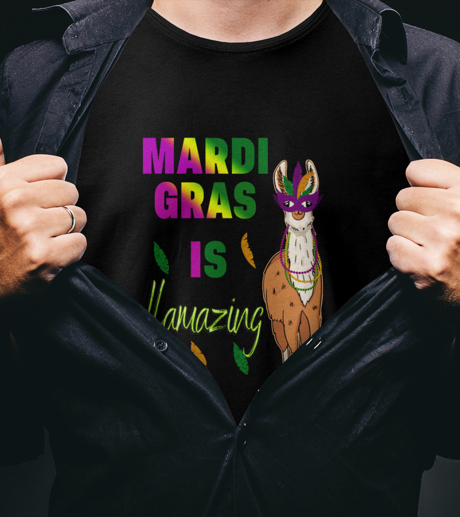Mardi Gras Is Llamazing Colorful Llama With Mask And Feathers T-Shirt