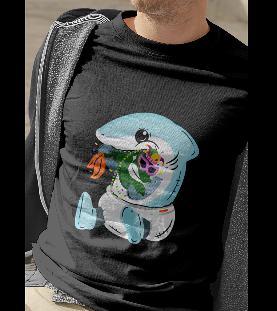 Mardi Gras Shark Baby Eating Bead-Covered Fish T-Shirt