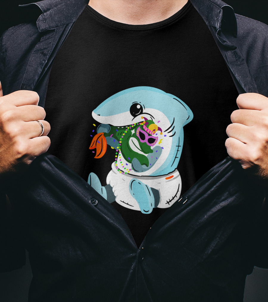 Mardi Gras Shark Baby Eating Bead-Covered Fish T-Shirt
