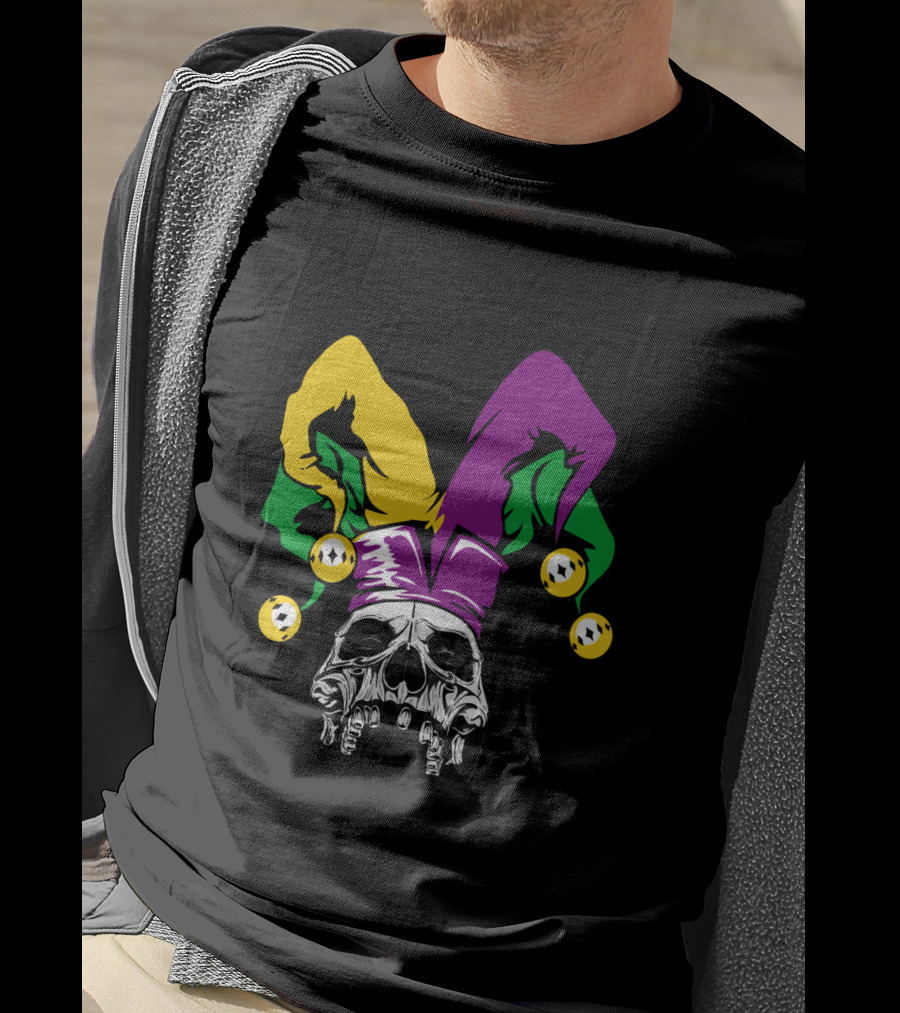 Mardi Gras Skull Jester Hat Purple Green Yellow T-Shirt