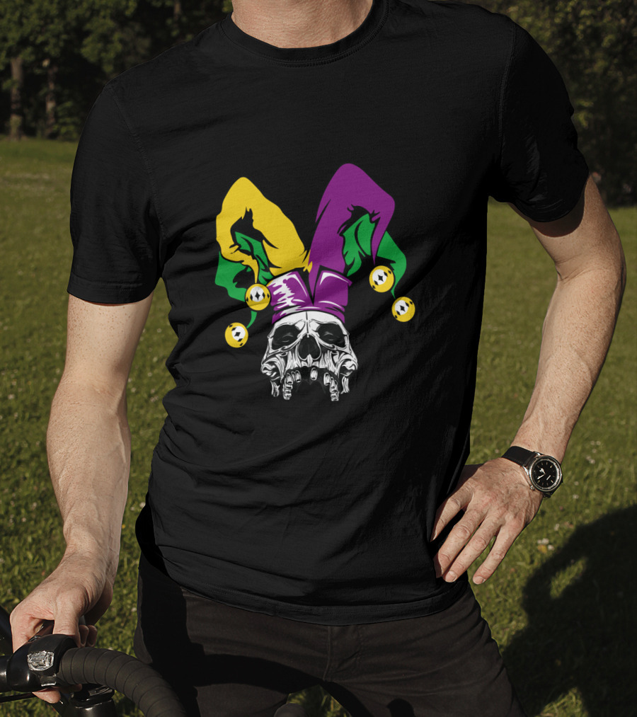 Mardi Gras Skull Jester Hat Purple Green Yellow T-Shirt