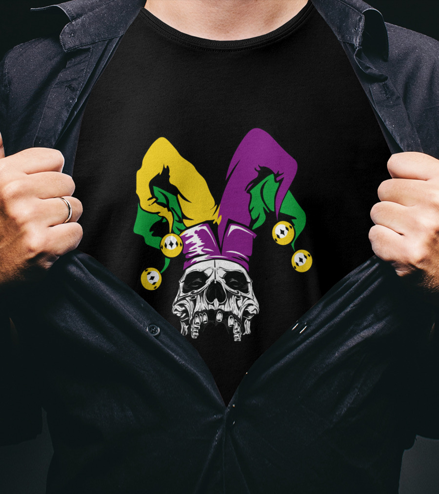 Mardi Gras Skull Jester Hat Purple Green Yellow T-Shirt