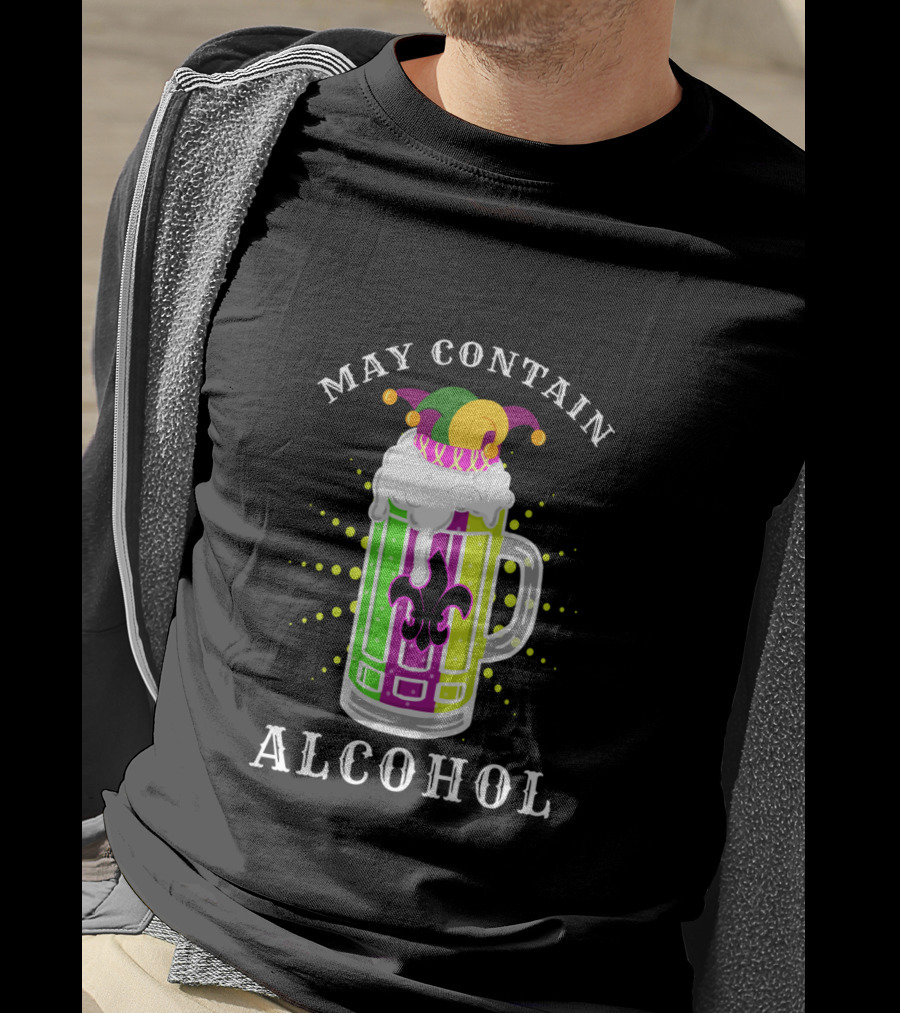 May Contain Alcohol Mardi Gras Jester Hat Beer Mug Fleur-de-Lis T-Shirt