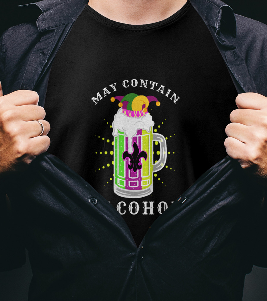 May Contain Alcohol Mardi Gras Jester Hat Beer Mug Fleur-de-Lis T-Shirt