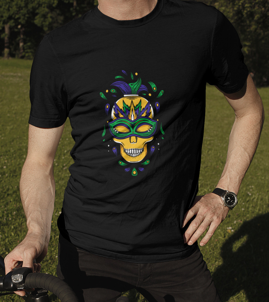 Mardi Gras Skull Jester Mask With Feathers And Colors T-Shirt