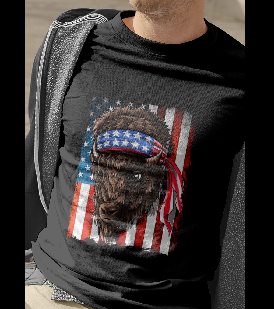 Buffalo With American Flag Headband On Patriotic Western Background T-Shirt