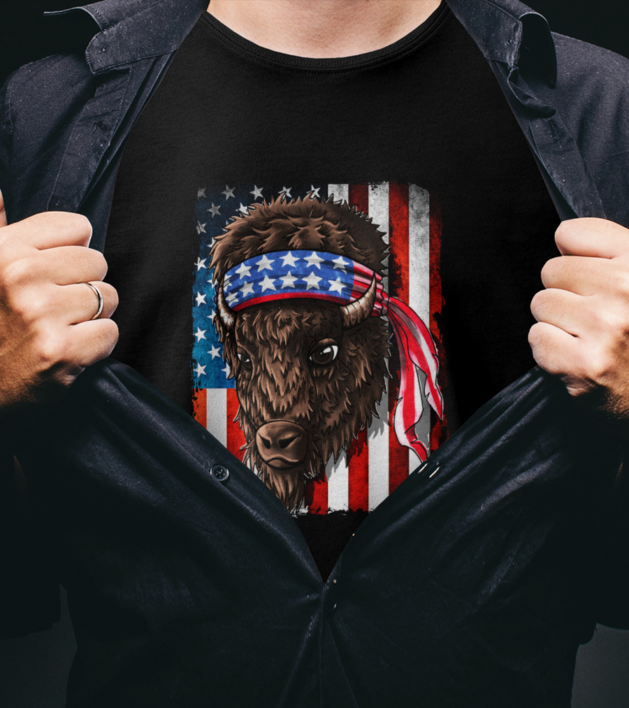 Buffalo With American Flag Headband On Patriotic Western Background T-Shirt
