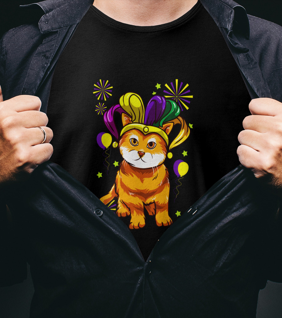 Mardi Gras Cat Lovers Jester Hat Festive Cat T-Shirt