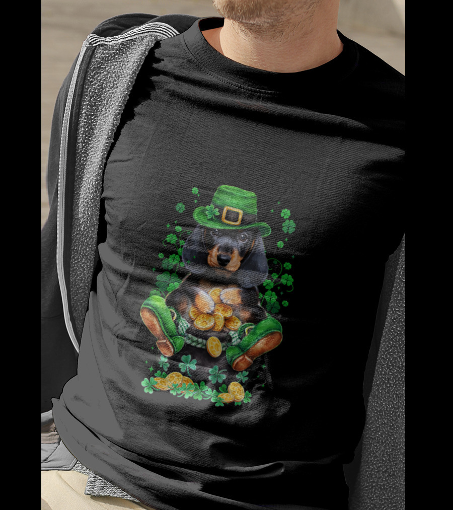 Dachshund Patrick Baby Funny Patrick Leprechaun Hat Shamrocks Pot Of Gold Coins T-Shirt