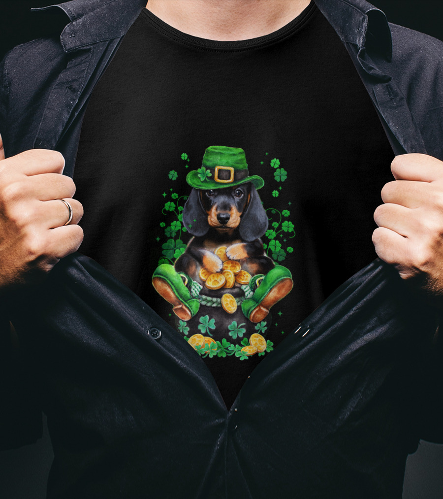 Dachshund Patrick Baby Funny Patrick Leprechaun Hat Shamrocks Pot Of Gold Coins T-Shirt