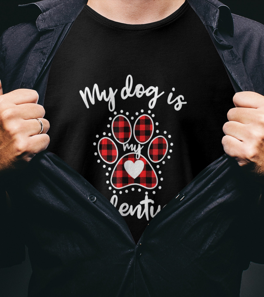 My Dog Is My Valentine Buffalo Plaid Paw Heart T-Shirt