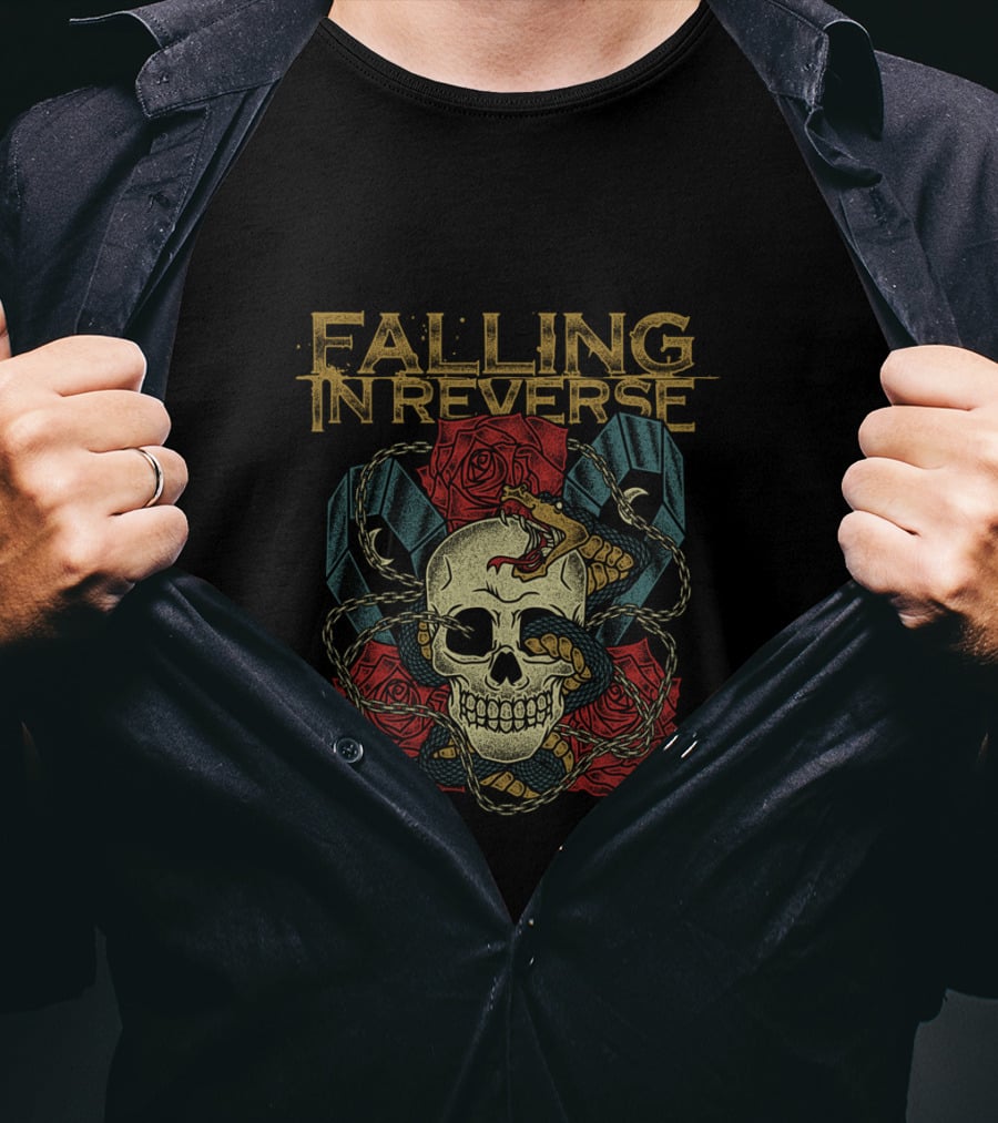 Falling In Reverse Skull Snake Roses Coffins Merchandise T-Shirt