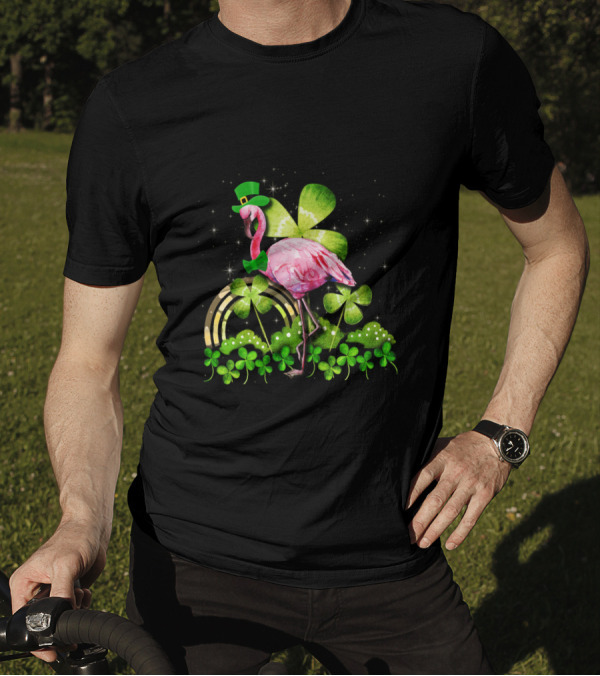 Flamingo St Patrick Day Shamrocks Leprechaun Rainbow Bowtie Sparkles T-Shirt