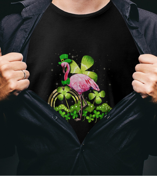 Flamingo St Patrick Day Shamrocks Leprechaun Rainbow Bowtie Sparkles T-Shirt