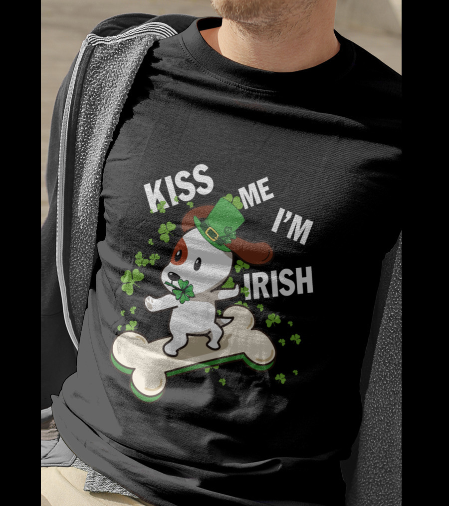 Kiss Me I'm Irish Jack Russell Dog With Lucky Shamrock And Hat On Bone T-Shirt