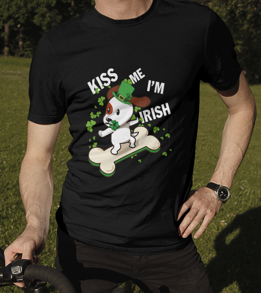 Kiss Me I'm Irish Jack Russell Dog With Lucky Shamrock And Hat On Bone T-Shirt
