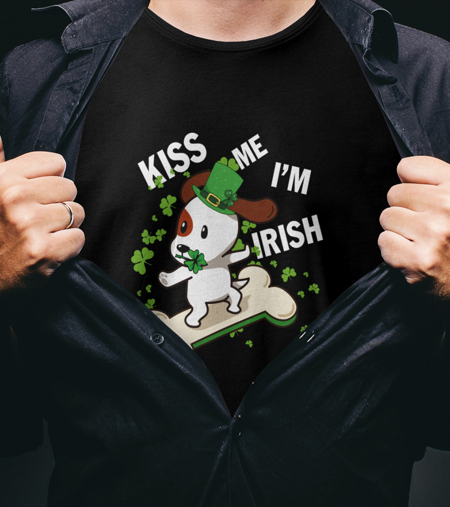 Kiss Me I'm Irish Jack Russell Dog With Lucky Shamrock And Hat On Bone T-Shirt
