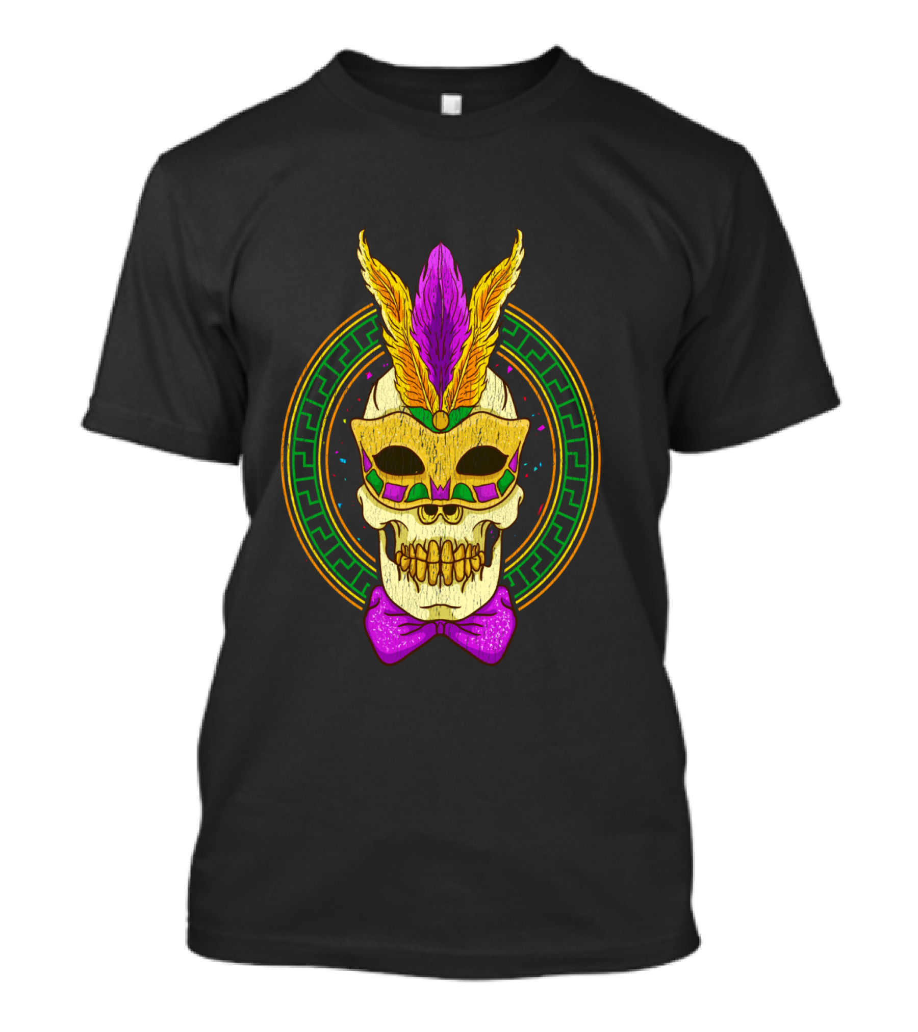 Mardi Gras Feathered Skull Mask With Colorful Bowtie T-Shirt